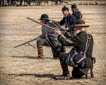 Union snipers take aim at a target during a Civil War Reenactment at Anderson, California.
Photo taken on: September 27th, 2014