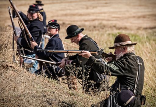 Union snipers take aim at a target during a Civil War Reenactment at Anderson, California.
Photo taken on: September 27th, 2014