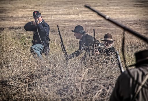 Union snipers take aim at a target during a Civil War Reenactment at Anderson, California.
Photo taken on: September 27th, 2014