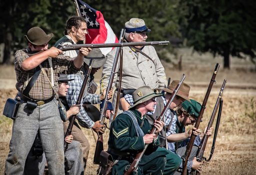 Confederate troops open fire on the Union Army during a Civil War reenactment in Anderson, California.
Photo taken on: September 27th, 2014