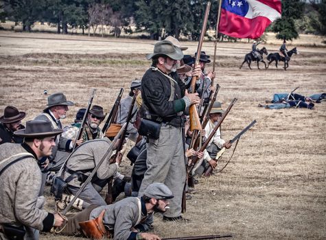 Rebel soldiers stand ready for combat during a Civil War Reenactment at Anderson, California.
Photo taken on: September 27th, 2014