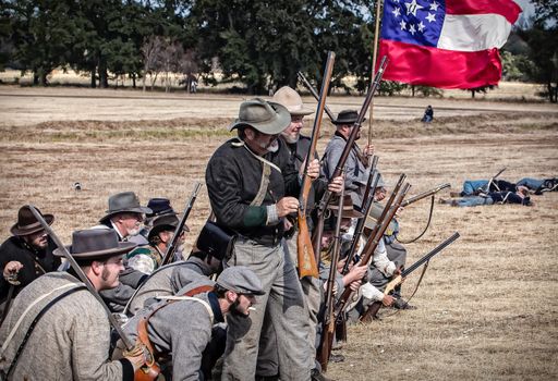 Rebel soldiers stand ready for combat during a Civil War Reenactment at Anderson, California.
Photo taken on: September 27th, 2014