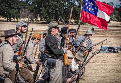 Rebel soldiers stand ready for combat during a Civil War Reenactment at Anderson, California.
Photo taken on: September 27th, 2014