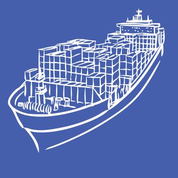 freehand sketch illustration of Cargo ship with containers icon, doodle hand drawn