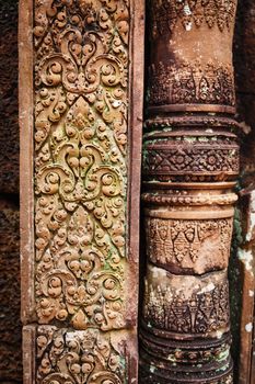Khmer architecture in Banteay Srei temple that was built in 968, Siem Reap, Cambodia.