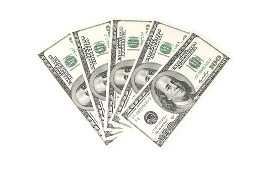 One hundred dollars banknotes on white background