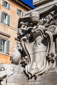 Close up detailed view of sculptures made by Leonardo Sormani of the fountain at Piazza Della Rotonda in Rome.