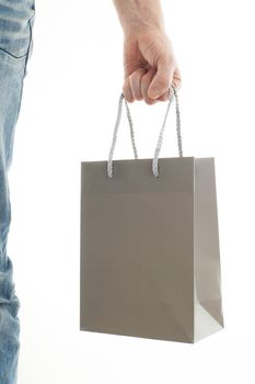 Shopping man, gift bag, isolated on white