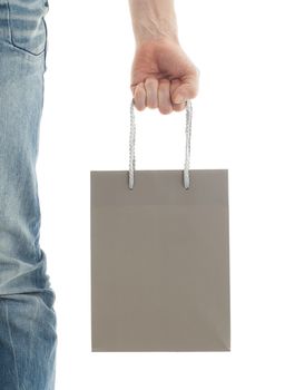 Shopping man, gift bag, isolated on white