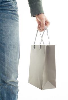 Shopping man, gift bag, isolated on white