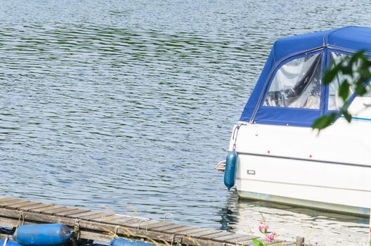 Rear view of a sports boat in the harbor.