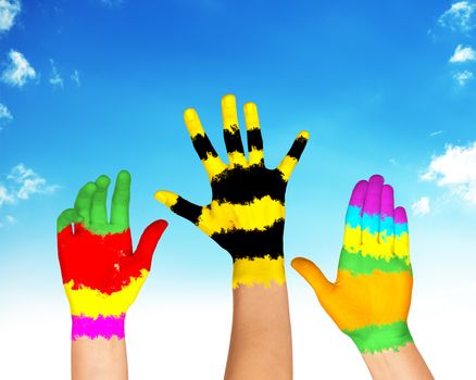 Set of colorful hands with blue sky, relax concept