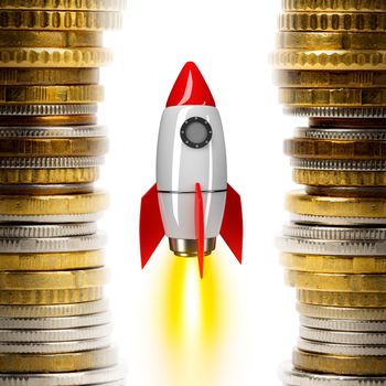 Space rocket with fire and coins on white background, business concept