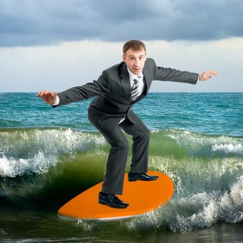 Businessman on surfboard in sea, vacation concept