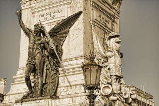 Details of the Monument to the Restorers on Restauradores Square in Lisbon, Portugal