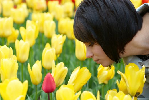 Pretty girl with tulips with soft background