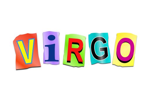 Illustration depicting a set of cut out printed letters arranged to form the word virgo.