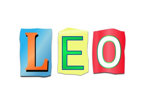 Illustration depicting a set of cut out printed letters arranged to form the word Leo.