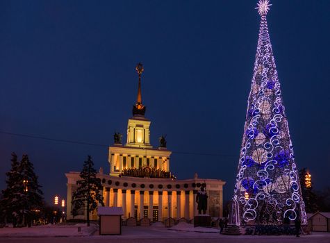 The building and tree in the evening at the exhibition Moscow 2016