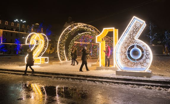 Symbol 2016 Illuminated in Moscow people ening