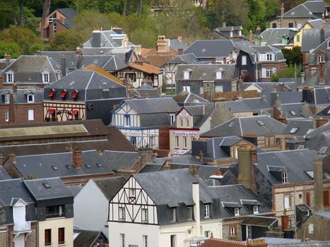 Etretat, France - May 3 2009: Aerial View of Houses in the village of Etretat in the Seine-Maritime department in Normandie region in north-western France