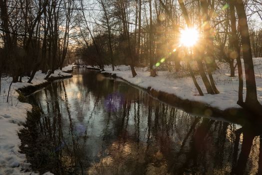 winter river, the sun and snow 2016