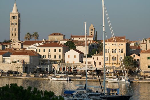 Rab, Croatia - August 9, 2015: View of the town of Rab, Croatian tourist resort famous for its four bell towers.