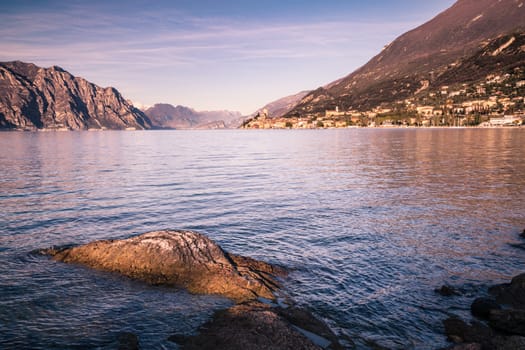 Panorama of Lake Garda (Italy) near the town of Malcesine called "the pearl of the lake".