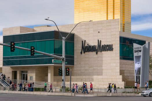 LAS VEGAS, NV/USA - FEBRUARY 15, 2016: Neiman Marcus store exterior at Fashion Show Mall sign and logo. Fashion Show Mall is a shopping mall located on the Las Vegas Strip.