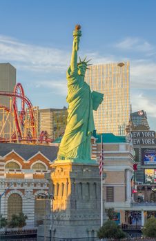 LAS VEGAS, NV/USA - FEBRUARY 12, 2016: Statue of Liberty at dusk at New York-New York Hotel and Casino. New York-New York Hotel & Casino is a hotel and casino located on the Las Vegas Strip.