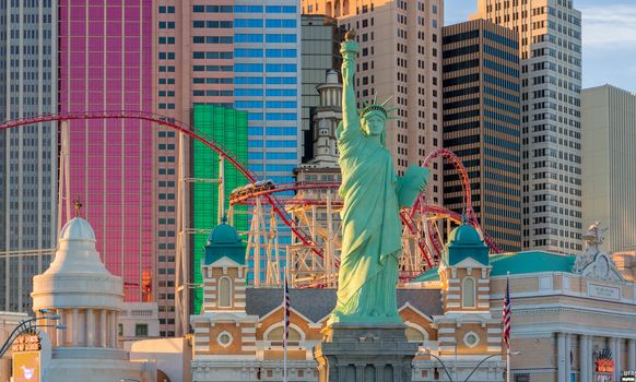 LAS VEGAS, NV/USA - FEBRUARY 12, 2016: Statue of Liberty at dusk at New York-New York Hotel and Casino. New York-New York Hotel & Casino is a hotel and casino located on the Las Vegas Strip.