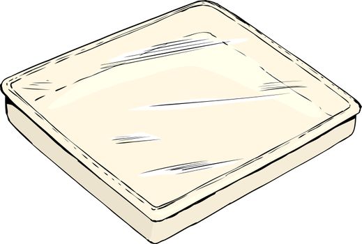 Single empty rectangular tray or pan with plastic wrap cover on white background