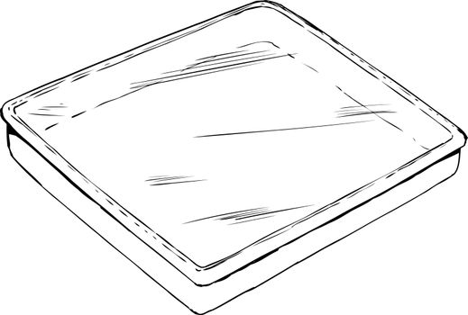 Outline of empty rectangular tray or pan with plastic wrap on top