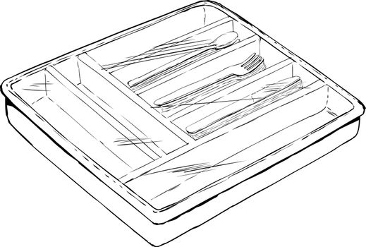 Outlined of isolated rectangular cutlery tray with spoons, forks and knives covered by plastic wrap