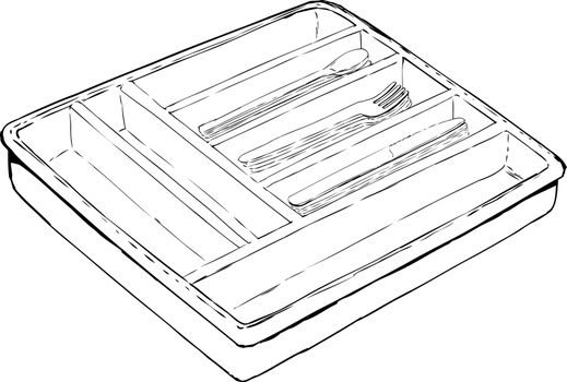 Outlined isolated rectangular cutlery tray with stacks of spoons, forks and knives over white background