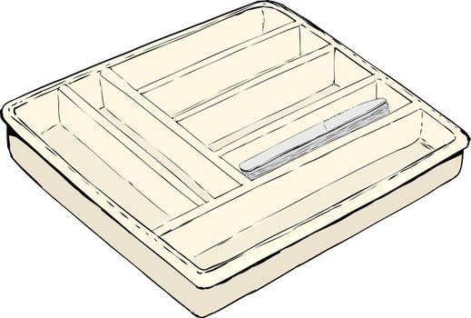 Single isolated rectangular silverware tray with stack of table knives inside