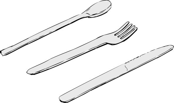 Hand drawn sketches of knife, fork and spoon over isolated white background