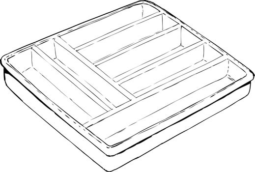 Outline drawing of empty isolated rectangular cutlery tray used for storing eating utensils
