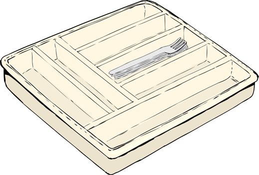 Single isolated rectangular cutlery tray with stack of forks inside