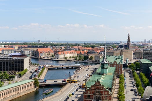 Copenhagen panoramic view from Amalienborg Palace and its square with roofs and buildings.