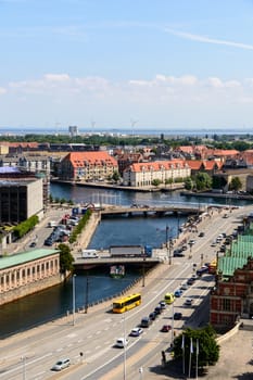 Copenhagen panoramic view from Amalienborg Palace and its square with roofs and buildings.