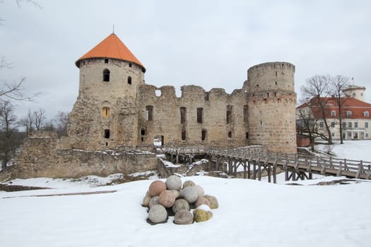 Cesis Castle (German: Wenden) is a Livonian castle situated in Cesis, Latvia. Its ruins are some of the most impressive castle ruins in the Baltic states. Once the most important castle of the Livonian Order, it was the official residence for the masters of the order. It was partly destroyed during the Great Northern War.