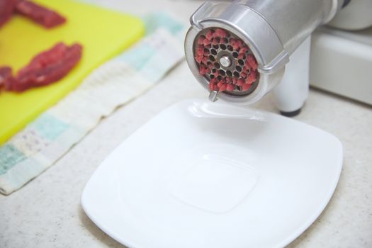 Mincing machine with forse meat. Close-up view