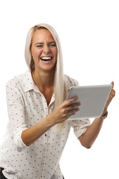 smiling woman with a tablet computer