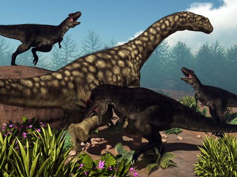 Three tyrannotitans attacking an argentinosaurus dinosaur by day - 3D render