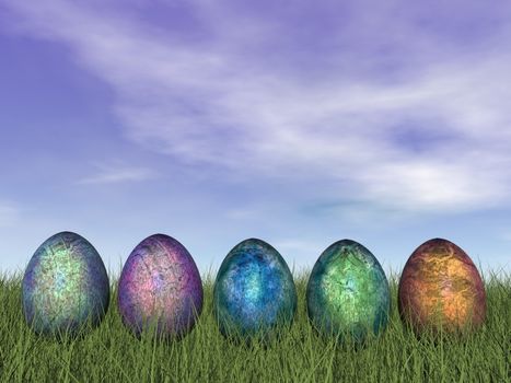 Colorful eggs for easter in a row on the grass by day - 3D render
