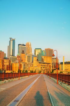 Downtown Minneapolis, Minnesota in the morning as seen from the famous stone arch bridge