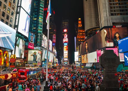 NEW YORK CITY - SEPTEMBER 05: Times square with people in the night on September 5, 2015 in New York City. It's major commercial intersection and neighborhood in Midtown Manhattan at the junction of Broadway and 7th Avenue.