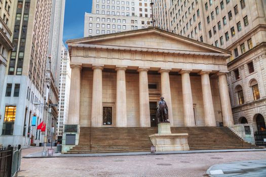 Federal Hall National Memorial on Wall Street in New York in the morning