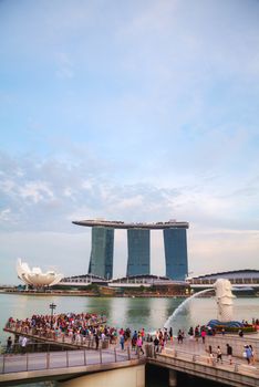 SINGAPORE - OCTOBER 30: Overview of the marina bay with the Merlion and Marina Bay Sands on October 30, 2015 in Singapore.